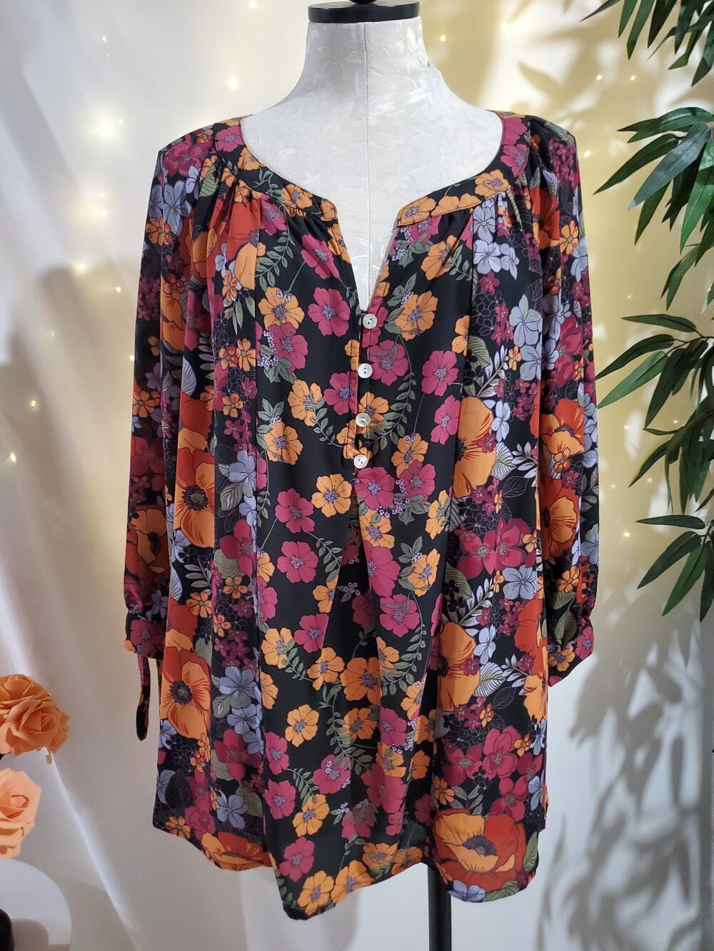 Figueroa & Flower Floral 3/4 Tie Sleeve Popover Blouse Womens Plus Size 2X Top